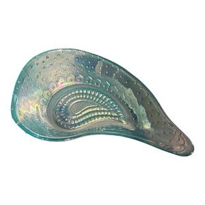 AKCAM Turkish Art Glass Dish Turquoise Iridescent Paisley Teardrop bowl